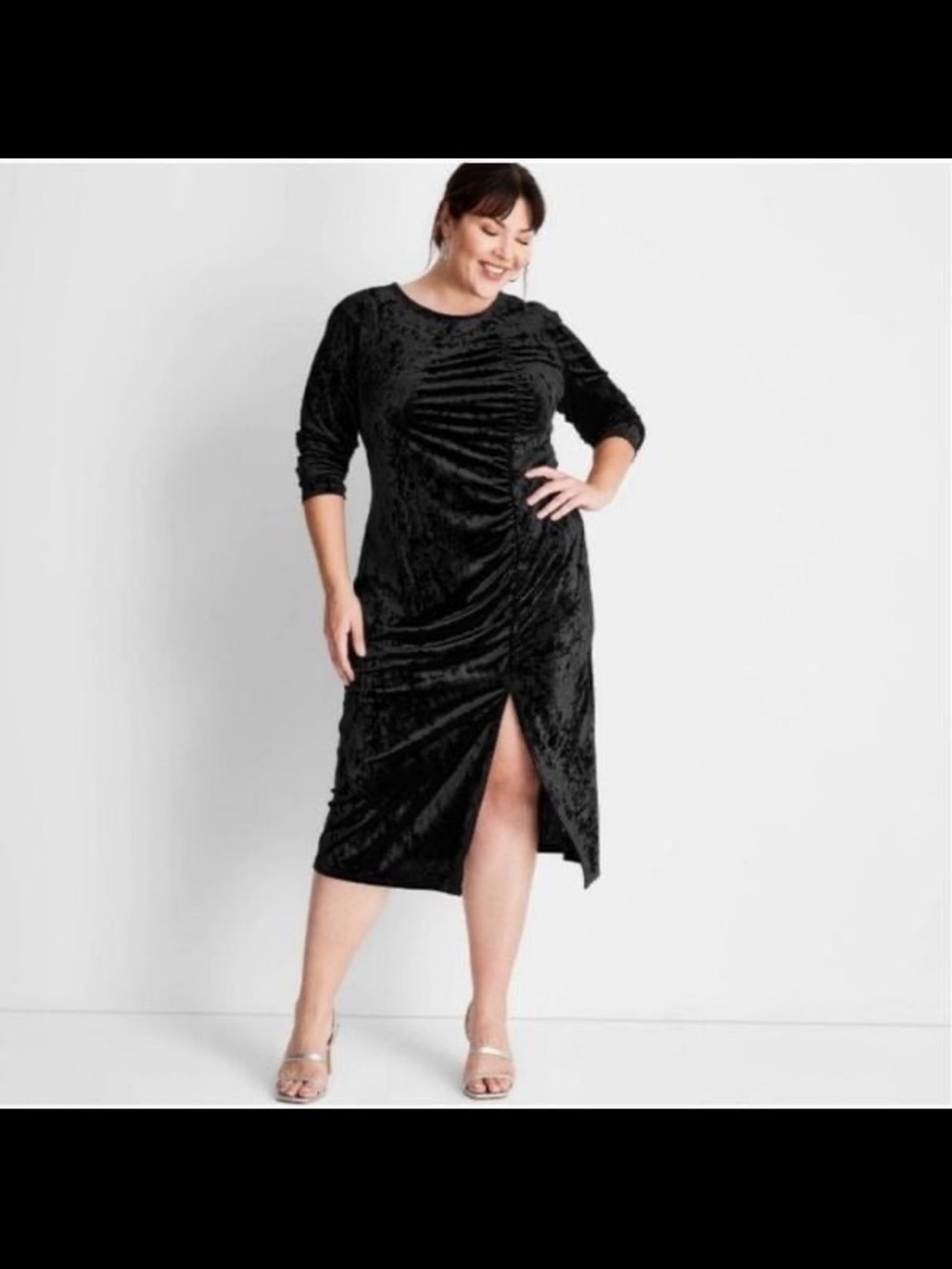 Women’s Velvet Ruched Split Dress - Black